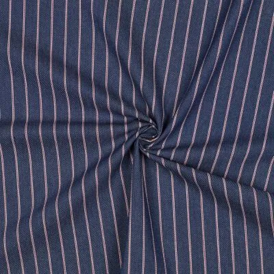 Tissu Jeans Denim Annie Rayures fines bordeaux sur fond Bleu foncé - Par 10 cm