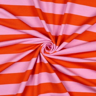 Tissu Sweat léger envers molletonné rayé Orange sur fond Rose - Par 10 cm