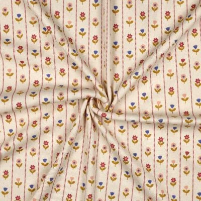 Tissu Jersey Coton imprimé Rayures vichy fleuris ocre sur fond Ecru - Par 10 cm