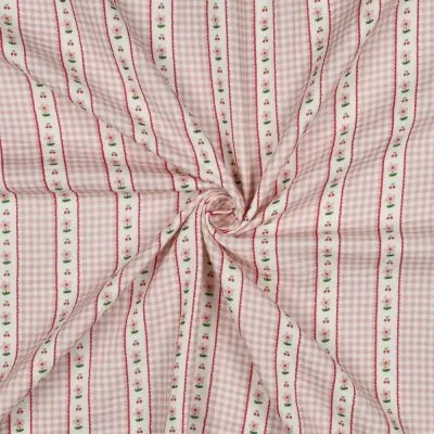 Tissu Coton imprimé Rayures vichy fleuris rose sur fond Blanc - Par 10 cm