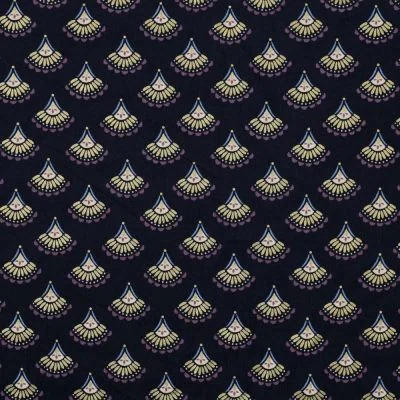 Tissu Velours milleraies Éventail brillant doré sur fond Bleu marine - Par 10 cm