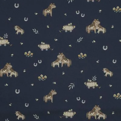 Tissu Popeline de Coton beige Poneya sur fond Bleu marine - Par 10 cm