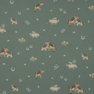 Tissu Popeline de Coton beige Poneya sur fond Vert amande - Par 10 cm