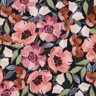 Tissu Jersey Coton digital Grandes fleurs pastel sur fond Noir - Par 10 cm