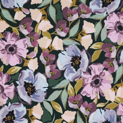 Tissu Jersey Coton digital Grandes fleurs lilas et bleu sur fond Noir - Par 10 cm