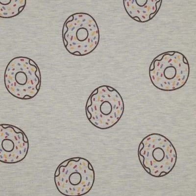 Tissu Jersey Mélangé Donuts pailletés sur fond Ecru chiné - Par 10 cm