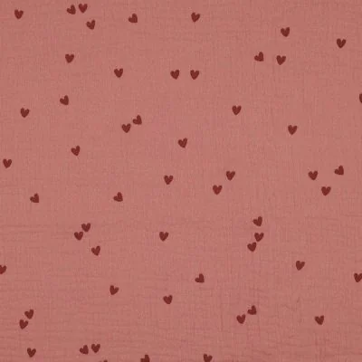 Tissu Double gaze Petits coeurs foncés sur fond Vieux rose - Par 10 cm
