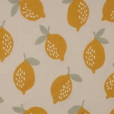 Tissu Double gaze de Coton Poppy Citrons sur fond Beige - Par 10 cm