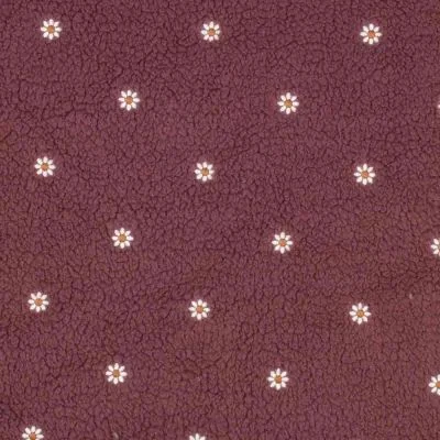 Tissu Sherpa paquerettes brodées Héloise sur fond Aubergine - Par 10 cm