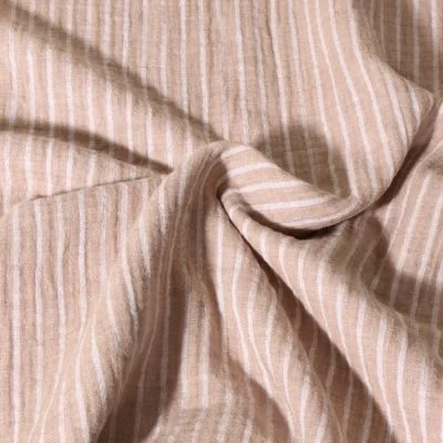 Tissu Double gaze de Coton Poppy Rayé blanc sur fond Beige - Par 10 cm