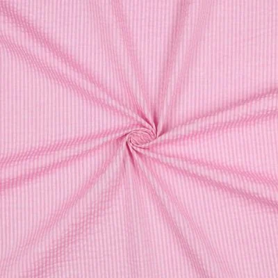Tissu Seersucker Coton Rayures sur fond Rose - Par 10 cm