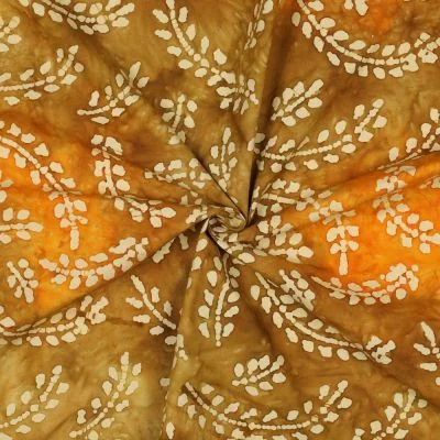 Tissu Batik de Coton fines branches Ecru sur fond Ocre - Par 10 cm