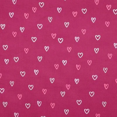 Tissu Velours milleraies imprimé Coeurs roses sur fond Rose fuchsia - Par 10 cm