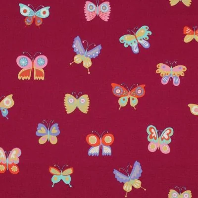 Tissu Popeline de Coton  papillons Popi multicolores sur fond Bordeaux - Par 10 cm