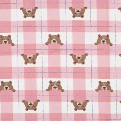 Tissu Flanelle de Coton Poppy Carreaux roses et oursons marron sur fond Blanc - Par 10 cm