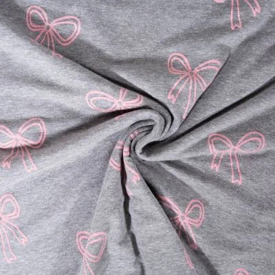 Tissu Jersey Mélangé Poppy Noeuds pailletés roses sur fond Gris chiné - Par 10 cm