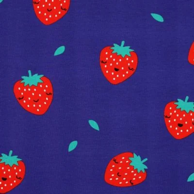 Tissu Jersey stretch Fraise Happy sur fond Bleu roi - Par 10 cm