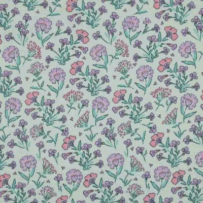 Tissu Double gaze fleurs Daisy lavandes sur fond Vert d&#039;eau - Par 10 cm