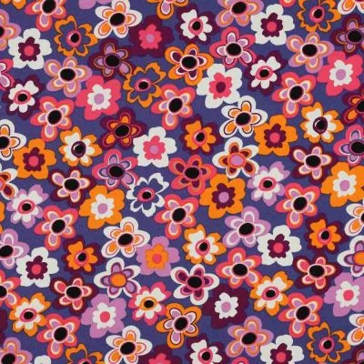 Tissu Jersey stretch fleurs Floraviva muticolores sur fond Violet - Par 10 cm