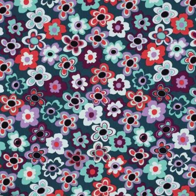 Tissu Jersey stretch fleurs Floraviva muticolores sur fond Bleu canard - Par 10 cm