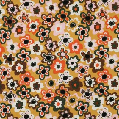 Tissu Jersey stretch fleurs Floraviva muticolores sur fond Jaune moutarde - Par 10 cm