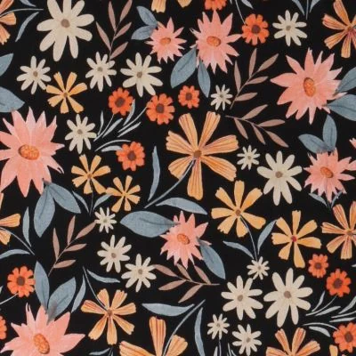 Tissu Jersey stretch fleurs Eboni sur fond Noir - Par 10 cm