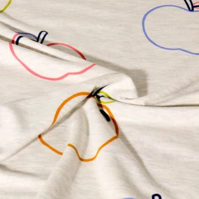 Tissu Jersey imprimé pomme Api Néon sur fond Gris - Par 10 cm