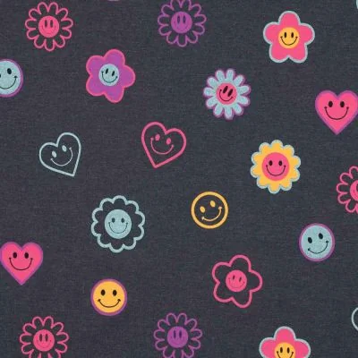 Tissu Jersey Smile rose sur fond Gris anthracite chiné - Par 10 cm