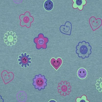 Tissu Jersey Smile violet sur fond Bleu ciel chiné - Par 10 cm
