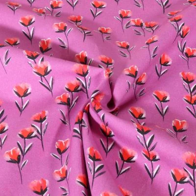 Tissu Popeline de Coton Poppy Éclats de Coquelicot sur fond Rose - Par 10 cm