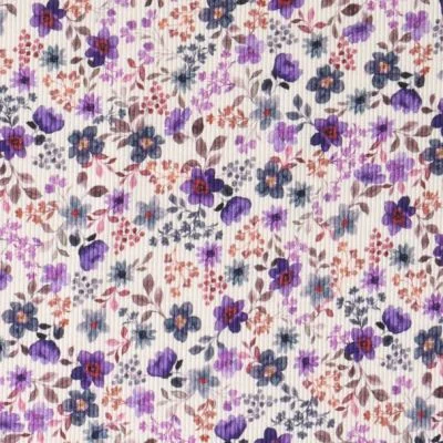 Tissu Jersey Bord Côte stretch fleurs Ambrie Violettes sur fond Blanc - Par 10 cm