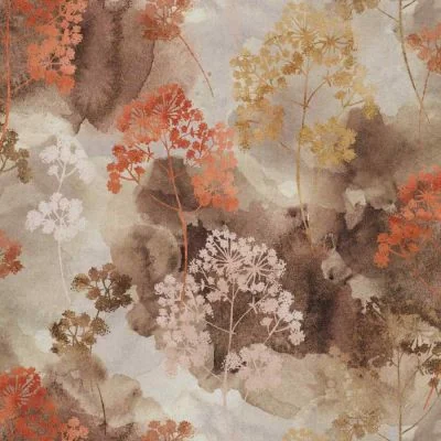Tissu Toile de Coton Canvas feuillage Ombelle sur fond Brun - Par 10 cm