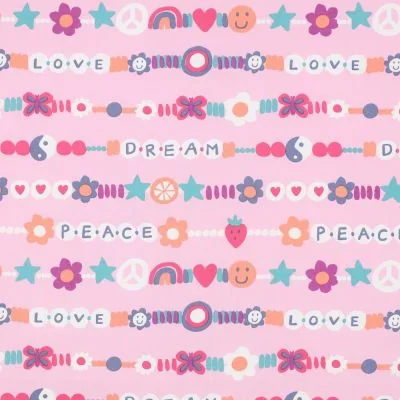 Tissu popeline de Coton  Peace sur fond Rose clair - Par 10 cm
