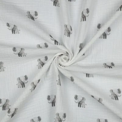 Tissu Double gaze de Coton Bio digital petits Eléphants Gris sur fond Blanc - Par 10 cm