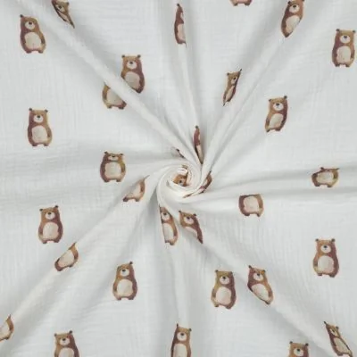 Tissu Double gaze de Coton Bio digital petits Oursons Bruns sur fond Blanc - Par 10 cm