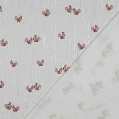 Tissu Jersey Coton côtelé digital Écureuil Rose poudré sur fond Ecru - Par 10 cm