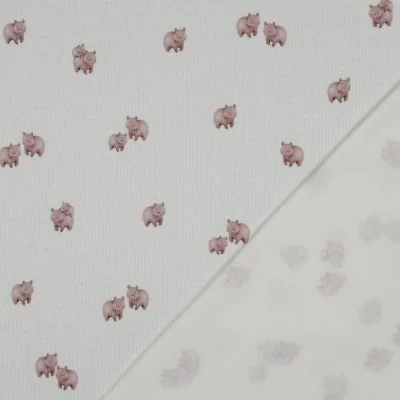 Tissu Jersey Coton côtelé digital Oursons Rose poudré sur fond Ecru - Par 10 cm