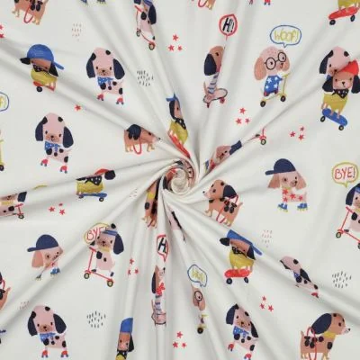 Tissu Jersey Coton imprimé digital Petits Chiens sur fond Ecru - Par 10 cm