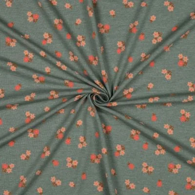 Tissu Jersey Polycoton imprimé Petites Fleurs sur fond Vert chiné - Par 10 cm