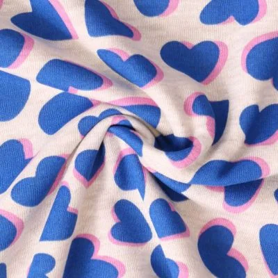 Tissu Sweat  léger envers molletonné Lisa coeurs Bleues sur fond Gris chiné - Par 10 cm
