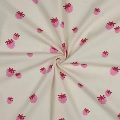 Tissu Popeline de Coton Bio Framboises Acidulées sur fond Ecru - Par 10 cm