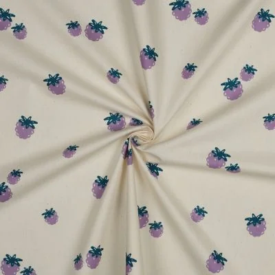 Tissu Popeline de Coton Capucine Mûres Acidulées sur fond Ecru - Par 10 cm