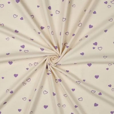 Tissu Jersey Coton imprimé Bio Petits Coeurs Violets sur fond Ecru - Par 10 cm