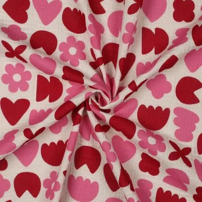 Tissu Double gaze de Coton Bio Love shapes Rose et Rouge sur fond Ecru - Par 10 cm