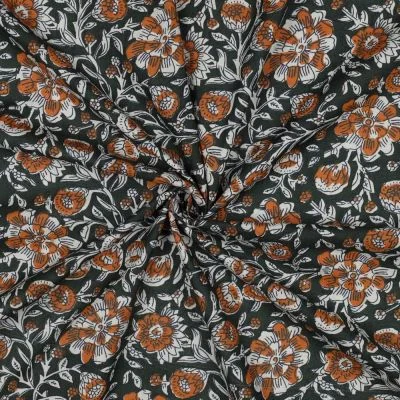 Tissu Coton indien Block print Fleuris Véro sur fond Vert foncé - Par 10 cm