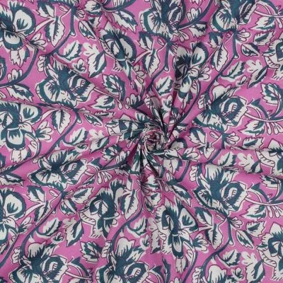 Tissu Coton indien Block print Fleuris Lilou sur fond Rose bonbon - Par 10 cm