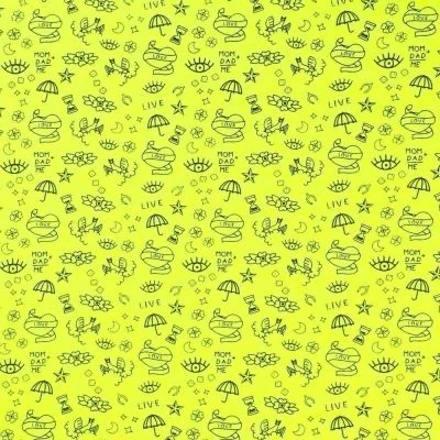 Tissu Jersey Coton imprimé Symboles Love&amp;Live Noirs sur fond Jaune fluo - Par 10 cm