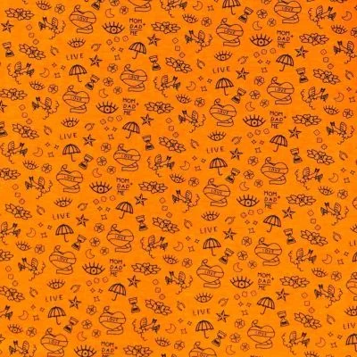 Tissu Jersey Coton imprimé Symboles Love &amp; Live Noirs sur fond Orange fluo - Par 10 cm
