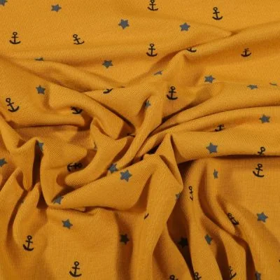 Tissu Jersey Coton Etoiles et ancres bleues et vertes sur fond Jaune - Par 10 cm