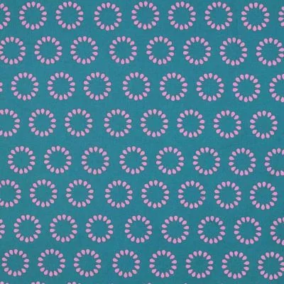 Tissu Polycoton  Rosace Pop fuchsia sur fond Bleu canard - Par 10 cm